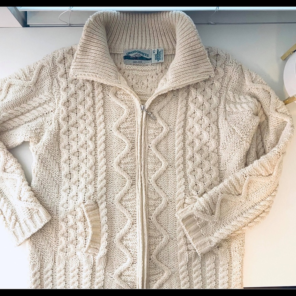Aran Crafts Cream Cable Knit Sweater Merino Wool Zip Up Cardigan XS